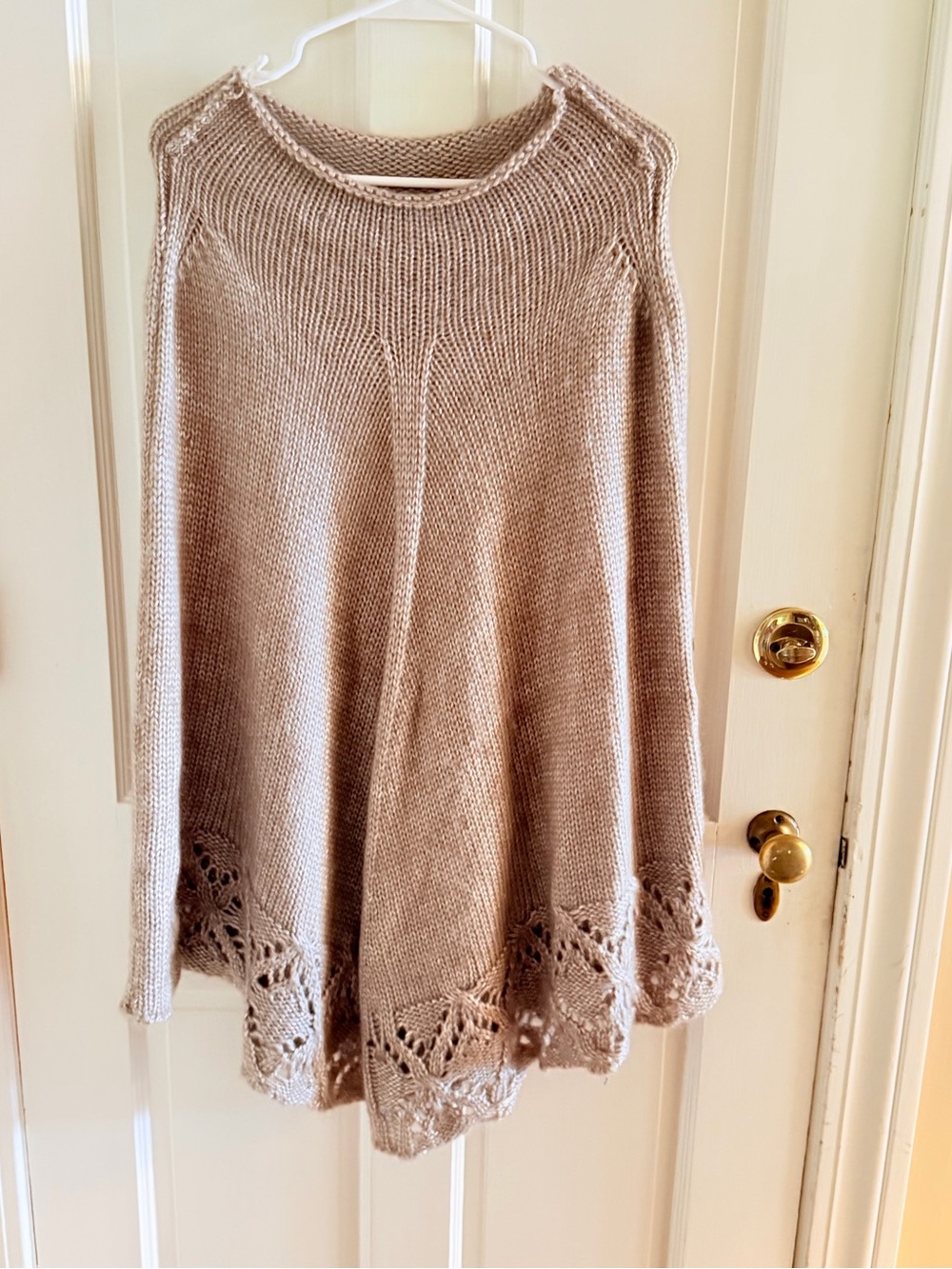 Beige Crochet-Hem Women's Poncho Sweater